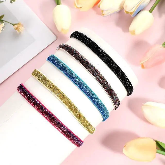 Alt view image 7 of 7 - 5 Pcs Glitter Running Headbands, Elastic Shiny Headbands Women | Adjustable Headband Stretchy Sparkling Hair Accessories Non-Slip Sports Headband for Teen Girl Party Favors Yoga Athlete