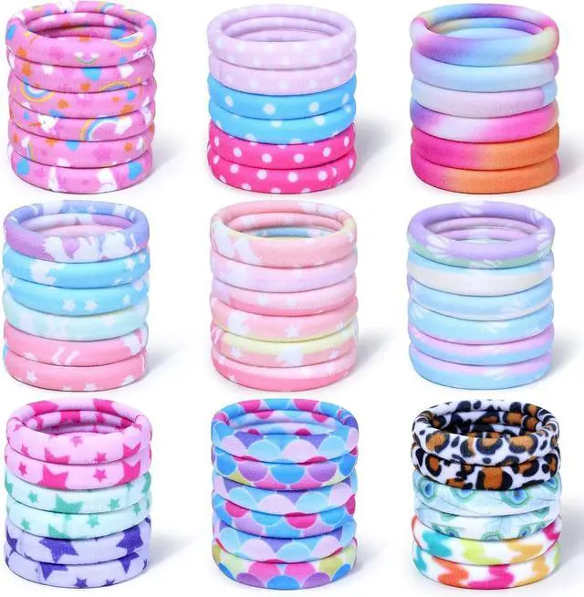 Main image of 54Pcs Hair Ties for Girls and Women, Nylon Hair Elastics Hair Bands Ponytail Holders Soft Hair Ties No Damage for Girls Thick Straight Curly Hair Multi-colored
