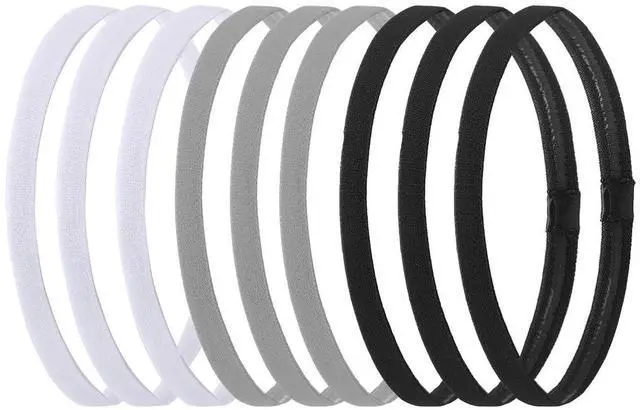 Main image of Hexchasty 9pcs Elastic Thin Headbands, Stretchy Skinny Sports Athletic Hair Bands for Women Men Girls Boys Teen - Black, White, Gray | athletic black white grey yoga headbands for women men