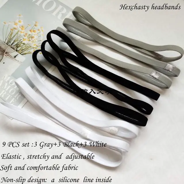 Alt view image 3 of 6 - Hexchasty 9pcs Elastic Thin Headbands, Stretchy Skinny Sports Athletic Hair Bands for Women Men Girls Boys Teen - Black, White, Gray | athletic black white grey yoga headbands for women men