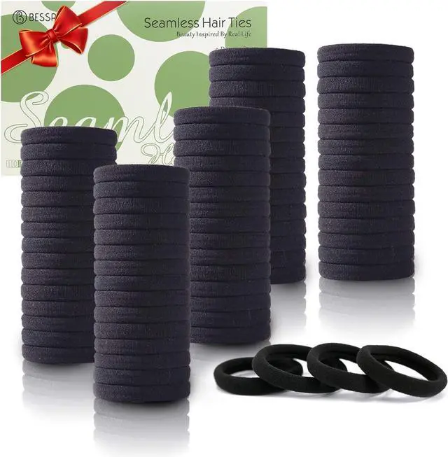 Main image of Bessrung 100PCS Black Seamless Elastic Hair Ties No Damage for Women Girls | Soft Stretchy Hair Bands, Ouchless No Crease Ponytail Holders for Thick & Thin Hair, Hair Accessories for Everyday Use