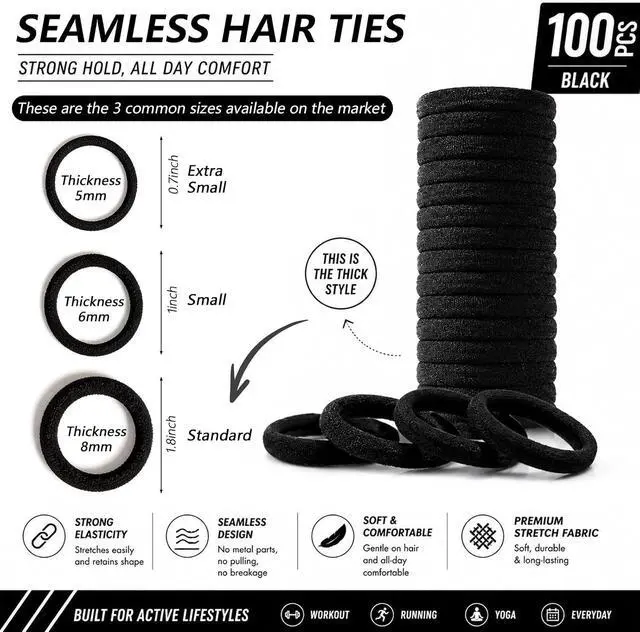 Alt view image 3 of 7 - Bessrung 100PCS Black Seamless Elastic Hair Ties No Damage for Women Girls | Soft Stretchy Hair Bands, Ouchless No Crease Ponytail Holders for Thick & Thin Hair, Hair Accessories for Everyday Use