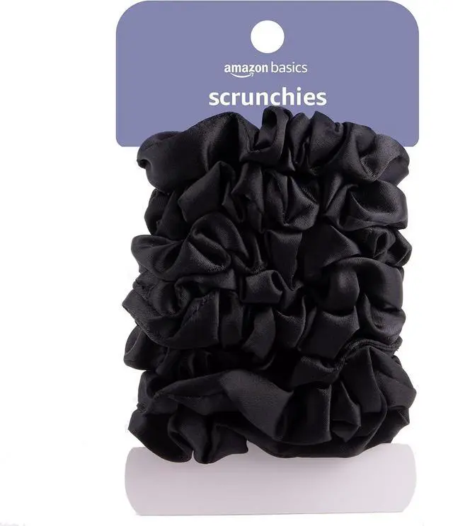 Main image of Amazon Basics Satin Scrunchies No Crease, No Damage Hair Ties Frizz Free, Gentle, Stylish Scrunchies. Black, 8 Count, For Thin and Normal Hair