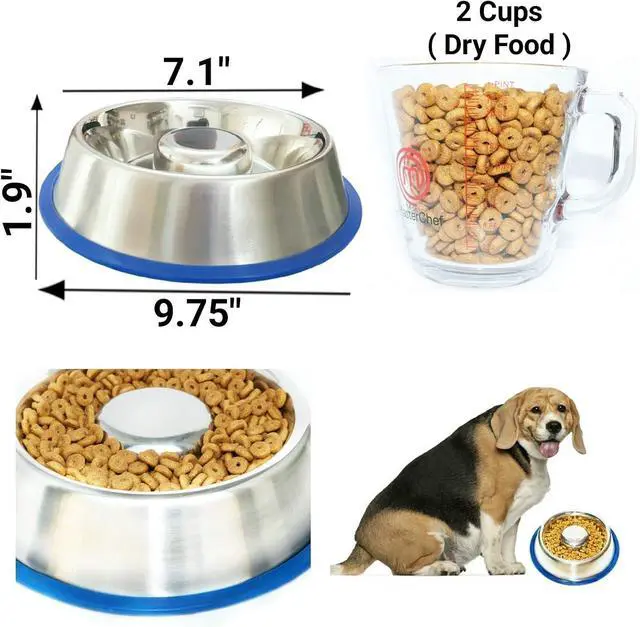 Alt view image 2 of 6 - Mr. Peanut's Stainless Steel Interactive Slow Feed Dog Bowl with a Blue Silicone Base, Fun Healthy Bloat Stop Feeder (Medium)