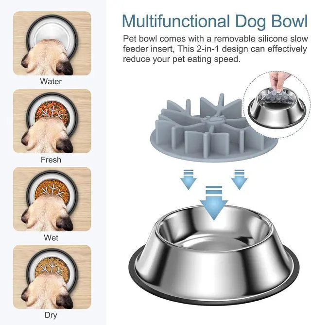 Alt view image 6 of 7 - 2-in-1 Metal Dog Bowl with Slow Feeder Insert, Food Grade 304 Slow Feeder Dog Bowls, Non-Slip Bottom, Pet Slower Food Feeding Bowls for Increases Feeding Time, Reduces Digestive Problems (M)
