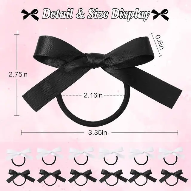 Alt view image 2 of 7 - Auseibeely 12PCS Silky Satin Hair Bows Ties for Girls, Bowknot Ribbon Ponytail Holders, Cute Bow Hair Accessories for Bubble Braids, Black & White No Damage Hair Bands