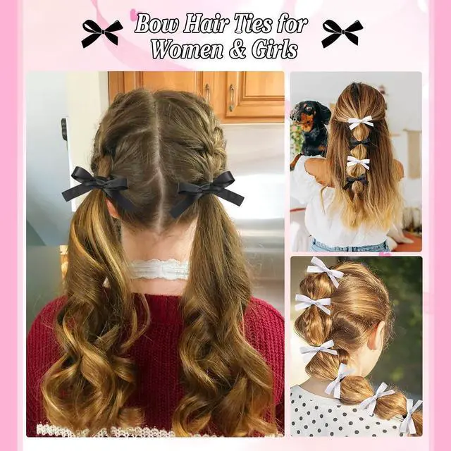 Alt view image 5 of 7 - Auseibeely 12PCS Silky Satin Hair Bows Ties for Girls, Bowknot Ribbon Ponytail Holders, Cute Bow Hair Accessories for Bubble Braids, Black & White No Damage Hair Bands