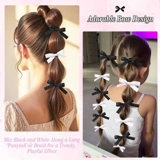 Alt view image 3 of 7 - Auseibeely 12PCS Silky Satin Hair Bows Ties for Girls, Bowknot Ribbon Ponytail Holders, Cute Bow Hair Accessories for Bubble Braids, Black & White No Damage Hair Bands