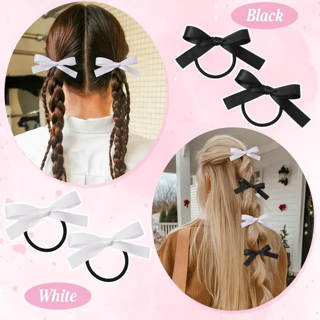 Alt view image 4 of 7 - Auseibeely 12PCS Silky Satin Hair Bows Ties for Girls, Bowknot Ribbon Ponytail Holders, Cute Bow Hair Accessories for Bubble Braids, Black & White No Damage Hair Bands