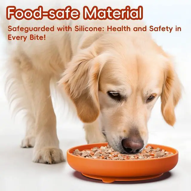 Alt view image 2 of 7 - Silicone Slow Feeder Dog Bowl Orange Bone Pattern | Food-Grade Non-Slip Dog Dish for Anti-Bloat, Fast Eating Prevention, 7.5 x 1.5, Dishwasher Safe