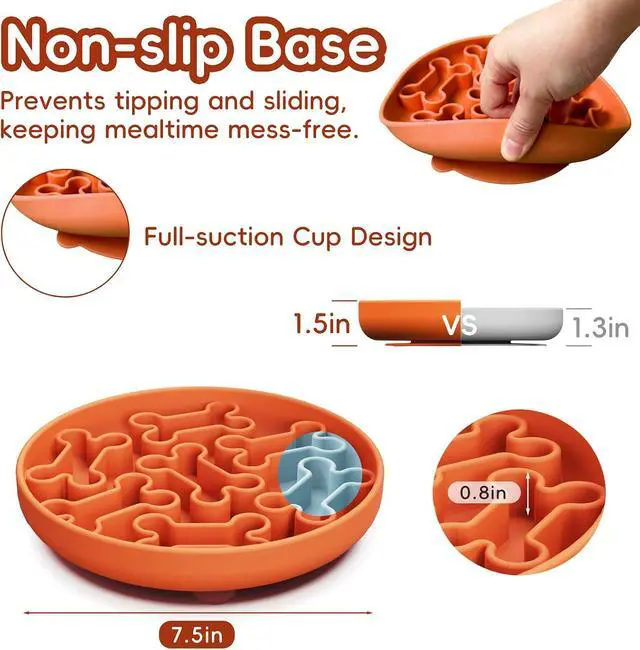 Alt view image 5 of 7 - Silicone Slow Feeder Dog Bowl Orange Bone Pattern | Food-Grade Non-Slip Dog Dish for Anti-Bloat, Fast Eating Prevention, 7.5 x 1.5, Dishwasher Safe