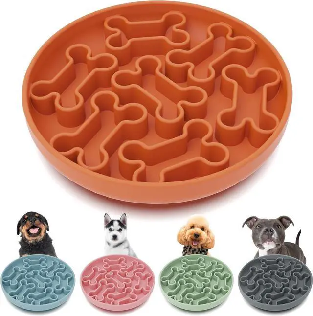 Main image of Silicone Slow Feeder Dog Bowl Orange Bone Pattern | Food-Grade Non-Slip Dog Dish for Anti-Bloat, Fast Eating Prevention, 7.5 x 1.5, Dishwasher Safe