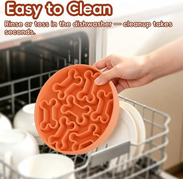 Alt view image 7 of 7 - Silicone Slow Feeder Dog Bowl Orange Bone Pattern | Food-Grade Non-Slip Dog Dish for Anti-Bloat, Fast Eating Prevention, 7.5 x 1.5, Dishwasher Safe