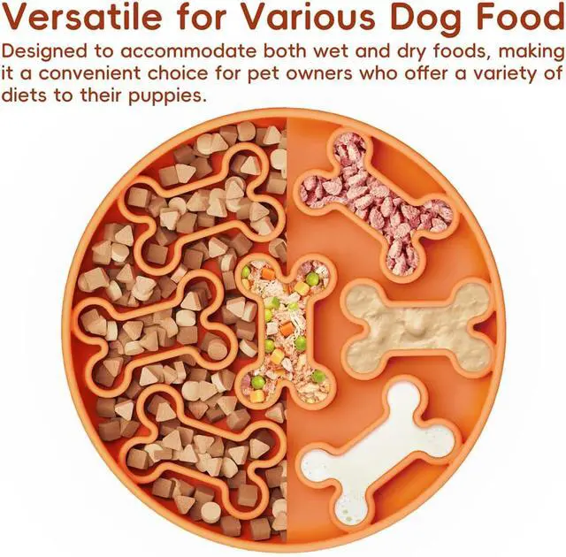 Alt view image 4 of 7 - Silicone Slow Feeder Dog Bowl Orange Bone Pattern | Food-Grade Non-Slip Dog Dish for Anti-Bloat, Fast Eating Prevention, 7.5 x 1.5, Dishwasher Safe