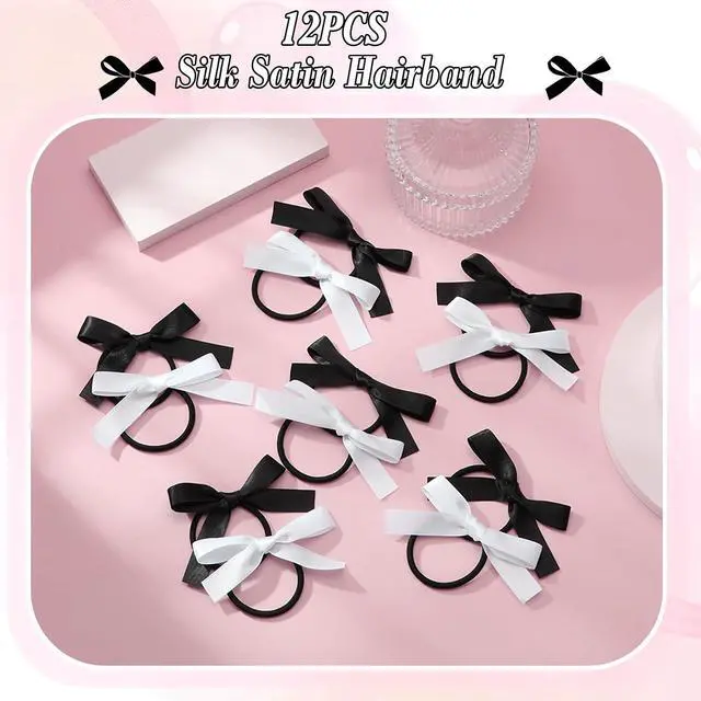 Alt view image 6 of 7 - Auseibeely 12PCS Silky Satin Hair Bows Ties for Girls, Bowknot Ribbon Ponytail Holders, Cute Bow Hair Accessories for Bubble Braids, Black & White No Damage Hair Bands