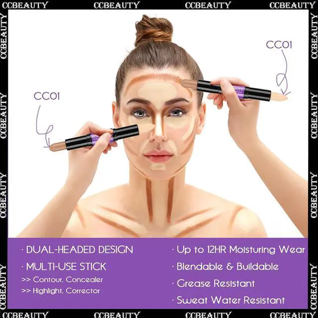 Alt view image 4 of 7 - CCbeauty 2-IN-1 Contour Stick Makeup,Cream Shimmer Highlighter Bronzer Stick, Highlighting Contouring Kit, Highlight Concealer Sticks for Face Shaping Make up, Long Lasting & Waterproof