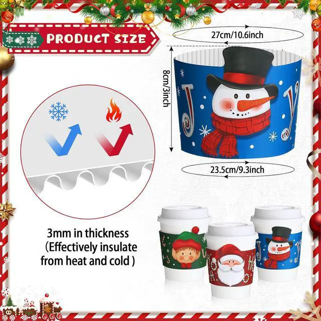 Alt view image 2 of 6 - Faccito 24 Pieces Christmas Coffee Cup Sleeves Bulk for 12 oz, 16 oz Christmas Disposable Corrugated Paper Cup Sleeves with Snowman Santa Reindeer Pattern for Tea Hot Chocolate Cocoa Cold Beverage