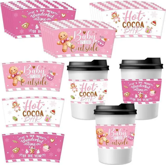 Main image of Disposable Coffee Cup Sleeves, 36 Pcs Pink Hot Cocoa Bar Paper Tumbler Sleeves for Hot Cold Drinks, Vintage Christmas Decoration for Beverage Insulation and Hand Protection for 12-24 oz Cups