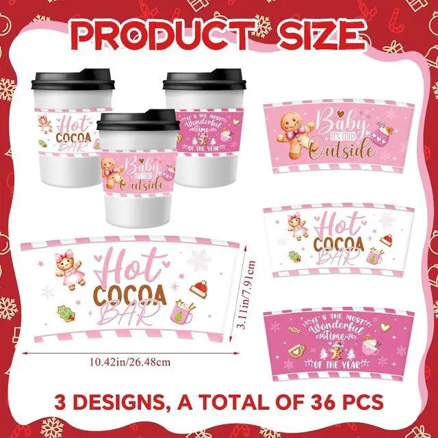 Alt view image 6 of 6 - Disposable Coffee Cup Sleeves, 36 Pcs Pink Hot Cocoa Bar Paper Tumbler Sleeves for Hot Cold Drinks, Vintage Christmas Decoration for Beverage Insulation and Hand Protection for 12-24 oz Cups