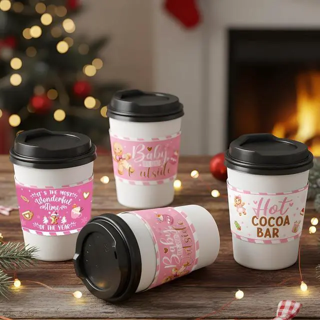 Alt view image 4 of 6 - Disposable Coffee Cup Sleeves, 36 Pcs Pink Hot Cocoa Bar Paper Tumbler Sleeves for Hot Cold Drinks, Vintage Christmas Decoration for Beverage Insulation and Hand Protection for 12-24 oz Cups