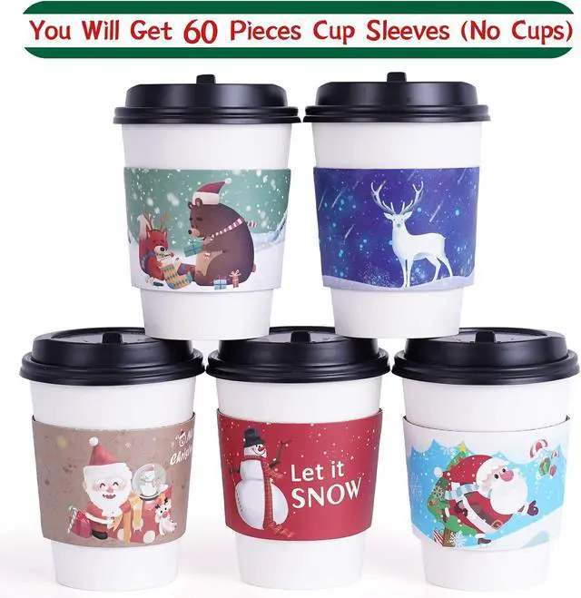 Alt view image 2 of 6 - 60pcs Christmas Coffee Cup Hot Chocolate Cup Sleeves,Fits 12 oz to 20 oz,with 5 Different Custom Xmas Designs,for Christmas Hot Chocolate,Coffee,Cocoa,Tea or Cold Beverage