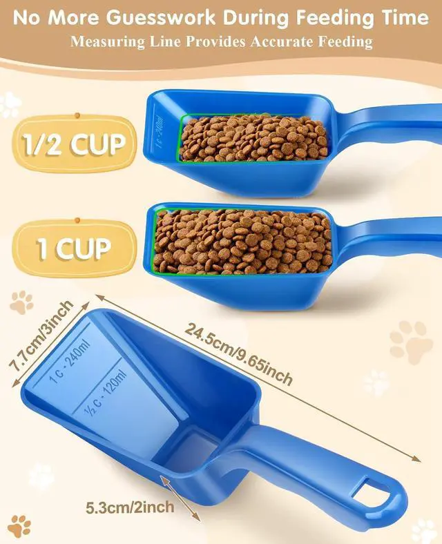 Alt view image 3 of 7 - 2-Pack Dog Food Scoop 1 Cup, Plastic Pet Food Measuring Scoop With Measuring Lines (1/2 & 1 Cup Markings) for Dogs, Cats, Fish, BirdBlue)
