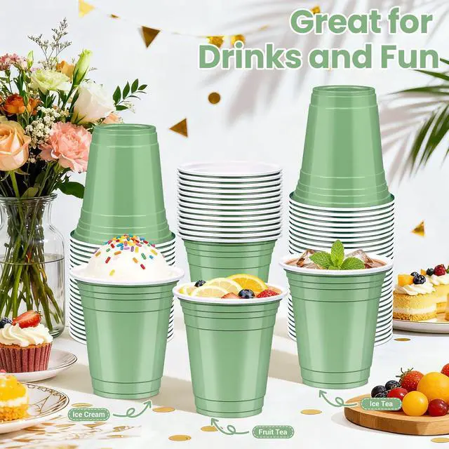 Alt view image 3 of 7 - 50 Pcs Sage Green Plastic Cups, 12 oz Disposable Cups for Party | Sage Green Party Cups, Drinking Cups for Baby Showers, Easter Parties, Weddings, Bridal Showers, Birthday, Picnic, and BBQ