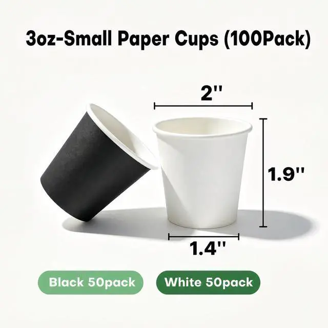 Alt view image 2 of 7 - 100 Pack 3 oz Bathroom Cups, BPA-Free Disposable Mouthwash Cups(2" Top Dia × 1.9" H × 1.4" Base), Stackable Leak-Proof Disposable Paper Cups for Rinsing, Espresso & Sampling(Black & White)