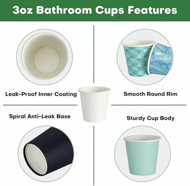 Alt view image 3 of 7 - 100 Pack 3 oz Bathroom Cups, BPA-Free Disposable Mouthwash Cups(2" Top Dia × 1.9" H × 1.4" Base), Stackable Leak-Proof Disposable Paper Cups for Rinsing, Espresso & Sampling(Black & White)