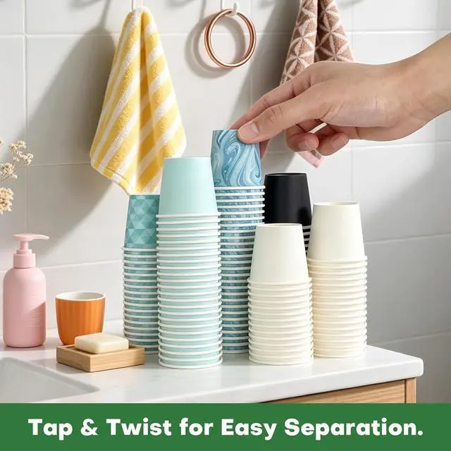 Alt view image 4 of 7 - 100 Pack 3 oz Bathroom Cups, BPA-Free Disposable Mouthwash Cups(2" Top Dia × 1.9" H × 1.4" Base), Stackable Leak-Proof Disposable Paper Cups for Rinsing, Espresso & Sampling(Black & White)