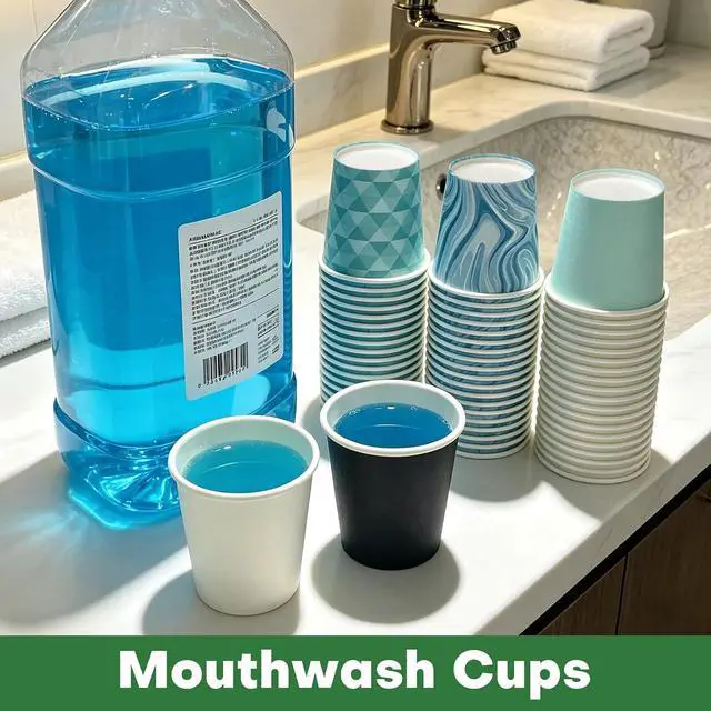 Alt view image 6 of 7 - 100 Pack 3 oz Bathroom Cups, BPA-Free Disposable Mouthwash Cups(2" Top Dia × 1.9" H × 1.4" Base), Stackable Leak-Proof Disposable Paper Cups for Rinsing, Espresso & Sampling(Black & White)