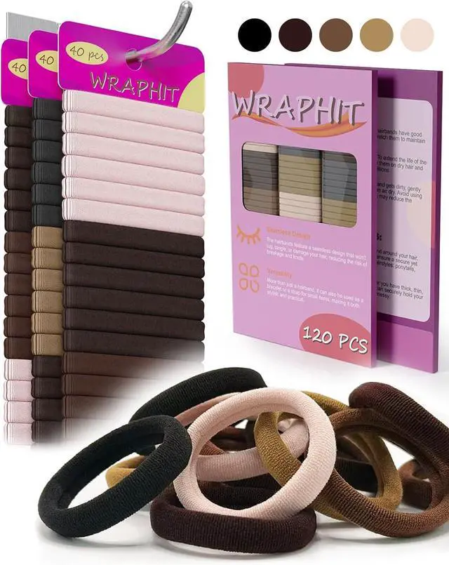 Main image of 120pc Hair Ties No Damage Snag Free for Thick Hair | soft,ouchless,seamless,thick,strong hold,no-slip grip,elastics ponytail holders for women(Classic 5 Colors)