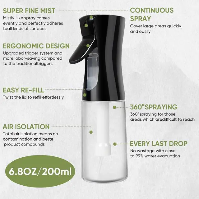Alt view image 6 of 7 - Continuous Spray Bottles (2 pack 6.8 oz/200ml), Ultra Fine Mist Sprayer, Spray Bottle For Hairstyling, Cleaning, Plants, Pets, Barbers, Salons (White & Black | 2 Pack)