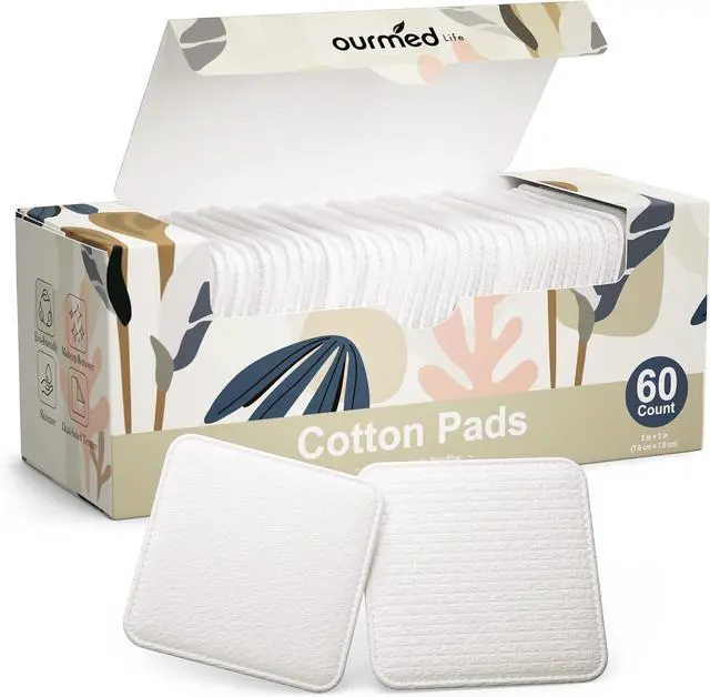 Main image of Ourmed Life Large Cotton Pads for Face, 3 x 3 Makeup Remover Pads, 60 ct | 3 Layer, Thicker, Durable,Soft, Lint-Free, Pressed Seams, Plant-Based, Dual-Sided Texture, Tear-Resistant Design, Organic