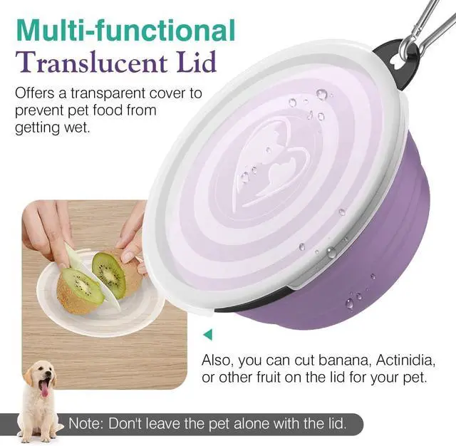 Alt view image 2 of 7 - Pawaboo Collapsible Travel Dog Bowls 2 Pack with Lids&Carabiners Silicone | Feeding Watering Bowls for Dogs Cats, Collapsable Water Feeder Food Bowl for Walking Traveling Home Use, VioletTurquoise
