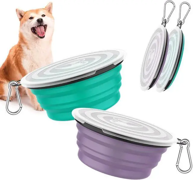 Main image of Pawaboo Collapsible Travel Dog Bowls 2 Pack with Lids&Carabiners Silicone | Feeding Watering Bowls for Dogs Cats, Collapsable Water Feeder Food Bowl for Walking Traveling Home Use, VioletTurquoise