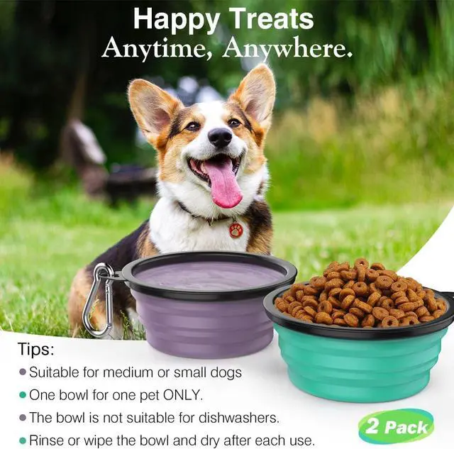 Alt view image 5 of 7 - Pawaboo Collapsible Travel Dog Bowls 2 Pack with Lids&Carabiners Silicone | Feeding Watering Bowls for Dogs Cats, Collapsable Water Feeder Food Bowl for Walking Traveling Home Use, VioletTurquoise