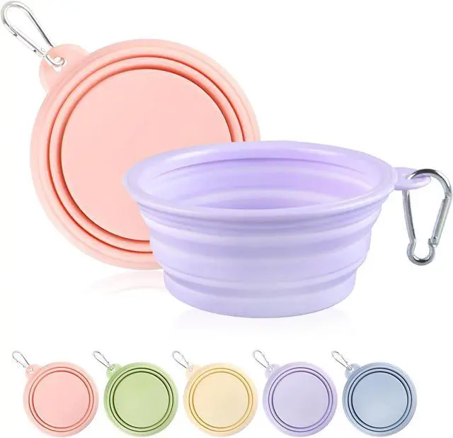 Main image of Collapsible Dog Bowls 2-Pack, Portable Travel Dog Bowl with Carabiner, Food-Grade Silicone Pet Bowl for Hiking, Walking (Macaron Pink and Violet)