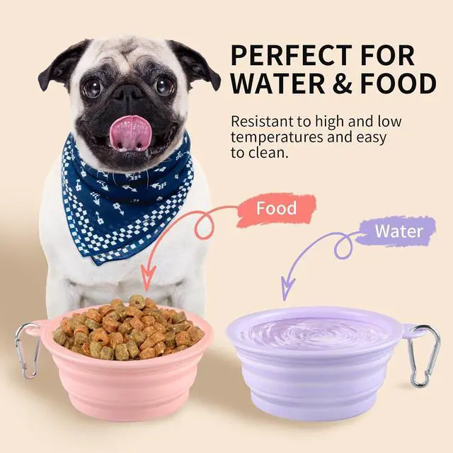 Alt view image 3 of 7 - Collapsible Dog Bowls 2-Pack, Portable Travel Dog Bowl with Carabiner, Food-Grade Silicone Pet Bowl for Hiking, Walking (Macaron Pink and Violet)