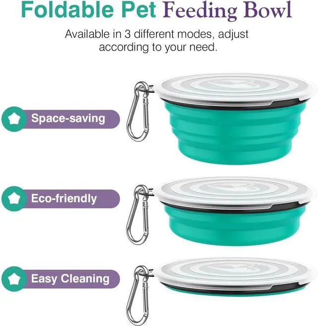 Alt view image 6 of 7 - Pawaboo Collapsible Travel Dog Bowls 2 Pack with Lids&Carabiners Silicone | Feeding Watering Bowls for Dogs Cats, Collapsable Water Feeder Food Bowl for Walking Traveling Home Use, VioletTurquoise