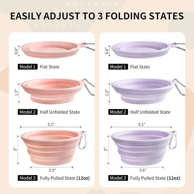 Alt view image 6 of 7 - Collapsible Dog Bowls 2-Pack, Portable Travel Dog Bowl with Carabiner, Food-Grade Silicone Pet Bowl for Hiking, Walking (Macaron Pink and Violet)