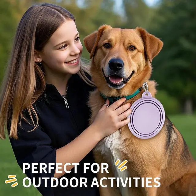 Alt view image 7 of 7 - Collapsible Dog Bowls 2-Pack, Portable Travel Dog Bowl with Carabiner, Food-Grade Silicone Pet Bowl for Hiking, Walking (Macaron Pink and Violet)