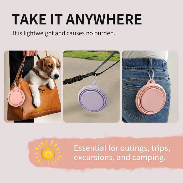 Alt view image 5 of 7 - Collapsible Dog Bowls 2-Pack, Portable Travel Dog Bowl with Carabiner, Food-Grade Silicone Pet Bowl for Hiking, Walking (Macaron Pink and Violet)