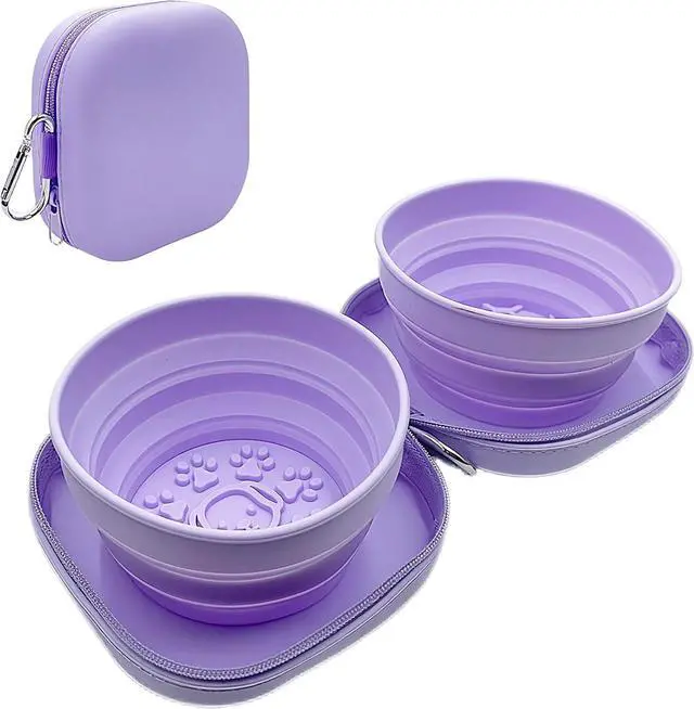 Main image of Portable Dog Bowl, Collapsible 2-in-1 Travel Dog Bowls with Carabiner Clip, Silicone Double Pet Food and Water Dish for Outdoor Camping and Hiking (Purple)