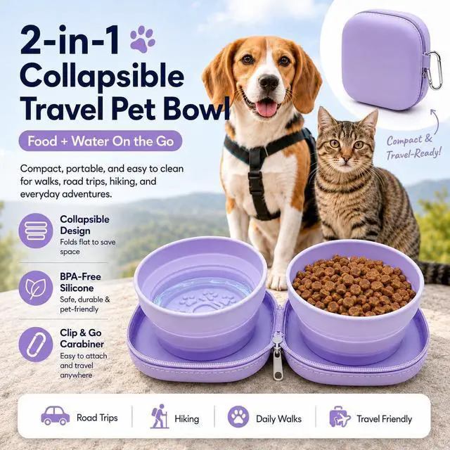 Alt view image 2 of 5 - Portable Dog Bowl, Collapsible 2-in-1 Travel Dog Bowls with Carabiner Clip, Silicone Double Pet Food and Water Dish for Outdoor Camping and Hiking (Purple)