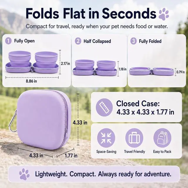 Alt view image 3 of 5 - Portable Dog Bowl, Collapsible 2-in-1 Travel Dog Bowls with Carabiner Clip, Silicone Double Pet Food and Water Dish for Outdoor Camping and Hiking (Purple)