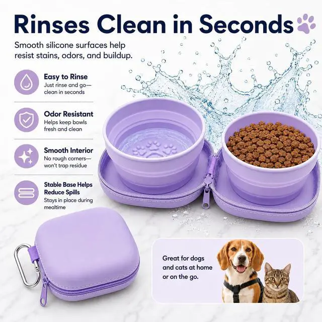 Alt view image 4 of 5 - Portable Dog Bowl, Collapsible 2-in-1 Travel Dog Bowls with Carabiner Clip, Silicone Double Pet Food and Water Dish for Outdoor Camping and Hiking (Purple)