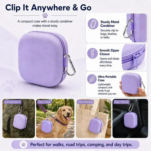 Alt view image 5 of 5 - Portable Dog Bowl, Collapsible 2-in-1 Travel Dog Bowls with Carabiner Clip, Silicone Double Pet Food and Water Dish for Outdoor Camping and Hiking (Purple)