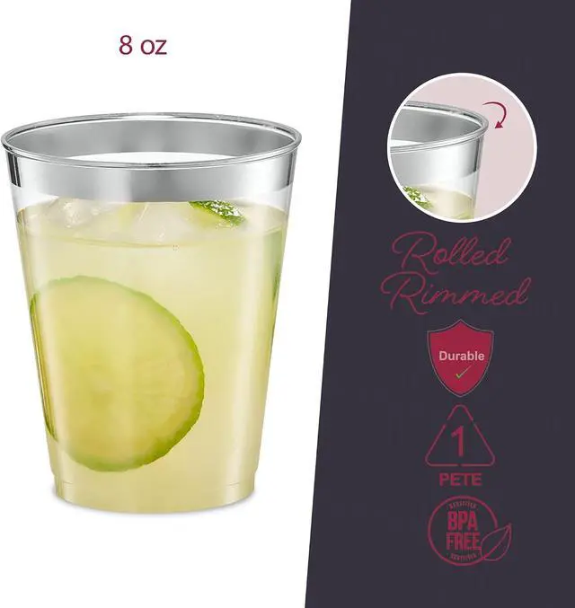 Alt view image 2 of 6 - PLASTICPRO Disposable 8 oz Crystal Clear Plastic Tumblers With Silver Rim for Party's & Weddings pack of 50
