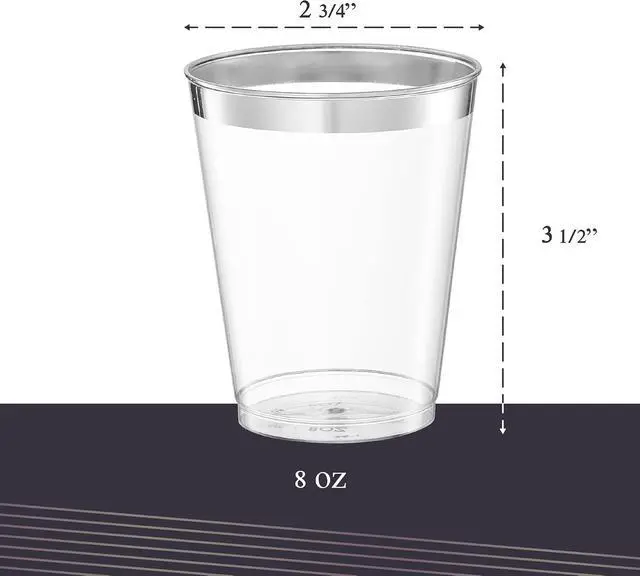 Alt view image 3 of 6 - PLASTICPRO Disposable 8 oz Crystal Clear Plastic Tumblers With Silver Rim for Party's & Weddings pack of 50